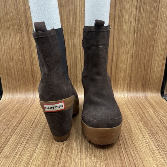 Hunter Platform Chunky Heel Boots Brown Suede Rubber Women’s Size 8 - Picture 4 of 7